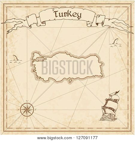 Turkey Old Treasure Map. Sepia Engraved Template Of Pirate Map. Stylized Pirate Map On Vintage Paper
