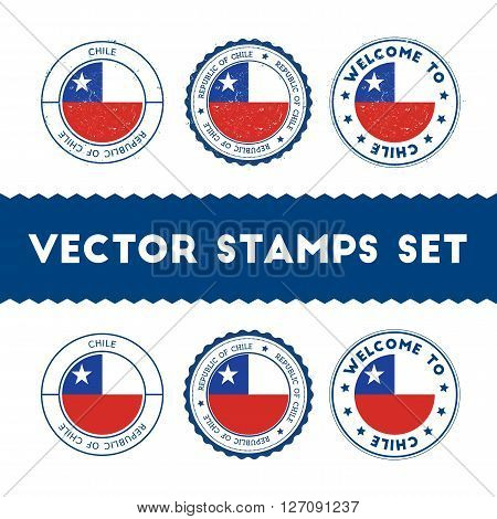 Chilean Flag Rubber Stamps Set. National Flags Grunge Stamps. Country Round Badges Collection.