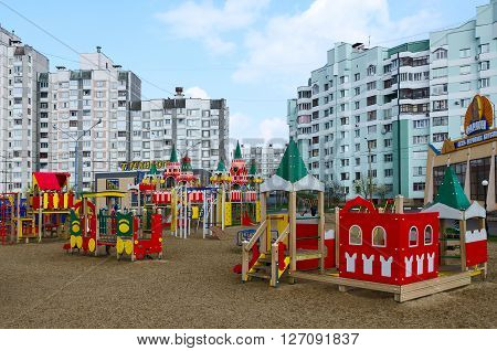 GOMEL BELARUS - APRIL 14 2016: Modern children's playground on Khatayevich Street Gomel Belarus