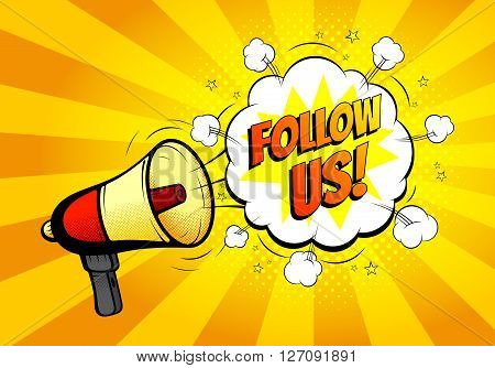 Banner with loudspeaker or megaphone in retro pop art style for social networks. Vector illustration. Icon of loud-hailer in pop art style with bomb explosive background.