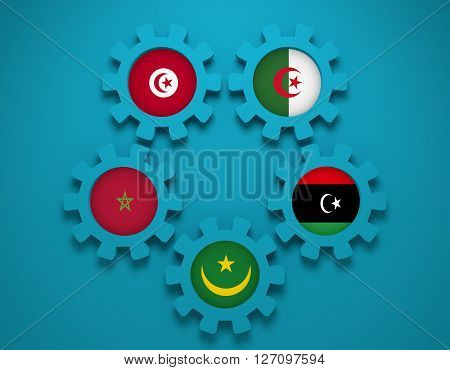 Arab Maghreb Union - association of five national economies members flags on gear. A trade agreement unity among Arab countries of the Maghreb in North Africa. 3D rendering