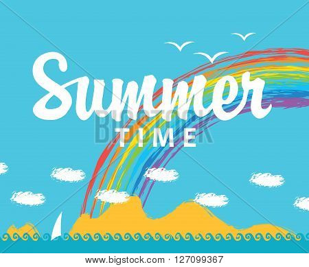 Travel banner with the inscription of the summer time and seascape with mountains and a rainbow