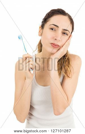 Caucasian woman having tooth ache. Isolated on white background.