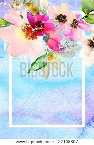 Greeting card with flowers. Pastel colors. Handmade. Watercolor painting. Wedding birthday Mother's Day. Bridal shower.