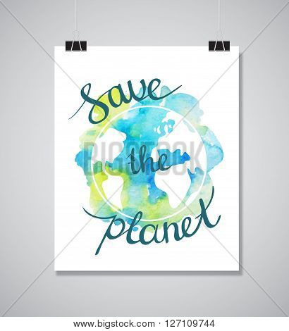 Earth day illustration with hand drawn watercolor planet.