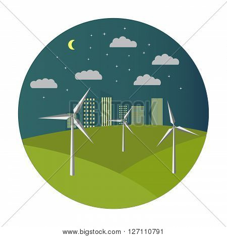 Flat  illustration with solar wind generators at night