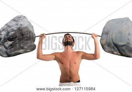 Goofy guy lifting a barbell with boulders