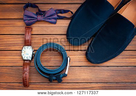 Groom Set Clothes. Shoes, Cufflinks And Bow Tie