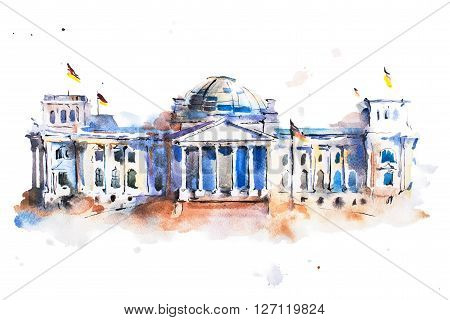 watercolor drawing of Reichstag building in Berlin.