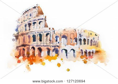 watercolor drawing of Coliseum in Rome. Hand drawn Italian sightseeing.