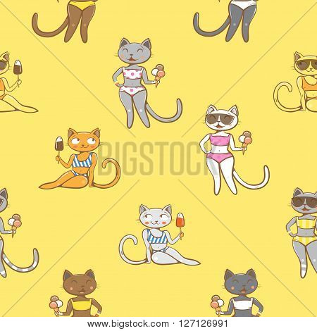 Summer seamless pattern with cats in  bikini and sunglasses. Cute cartoon cats on the beach eating ice cream. Vector image.
