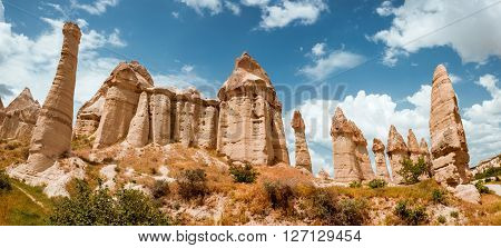 Rock formations in Love Valley of Cappadocia Turkey