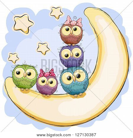 Five Cute Owls is sitting on the moon