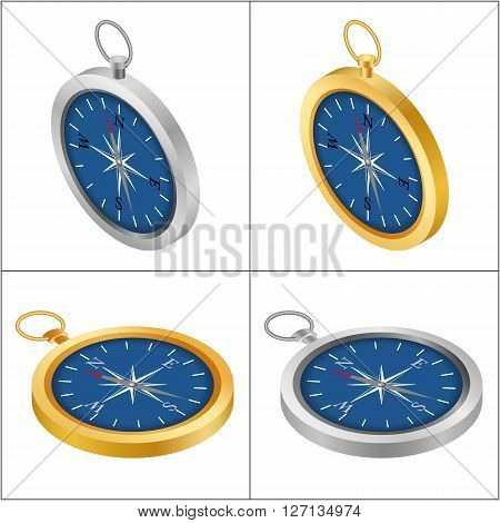 Compass on the white background. Set compass isometric. Golden compass. Silver compass.
