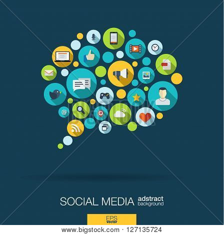 Color circles, flat icons in a speech bubble shape, technology, social media, network, computer concept. Abstract background with connected objects in integrated group of elements. Vector illustration