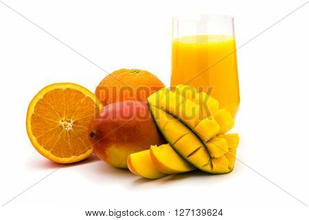 Mango Orange fruit smoothie isolated on white background
