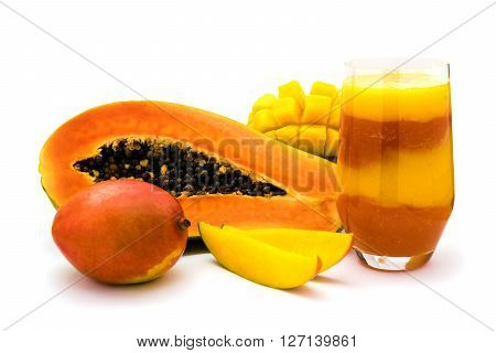 Mango Papaya fruit smoothie isolated on white background