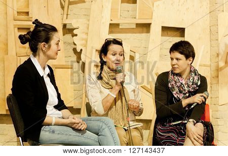 KYIV, UKRAINE - APRIL 21, 2013: Norwegian writer Vigdis Hjort gave a lecture on the 6th International Festival BOOK ARSENAL on April 21, 2016. Guests of the fair were Lars Svendsen Etgar Keret etc.