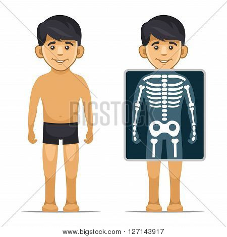 Two Cartoon Style Boy with X-ray Screen and Skeleton. Vector illustration