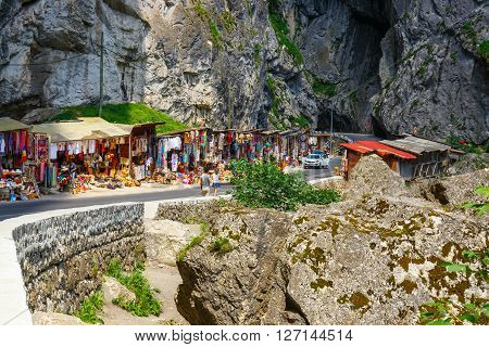 BICAZ GORGES, ROMANIA - JULY 07, 2015 : Tourists visit the Bicaz Canyon. Canyon is one of the most spectacular roads in Romania