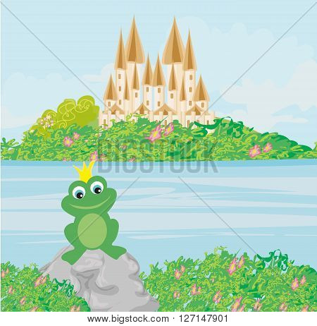 frog with a crown on castle landscape , vector illustration
