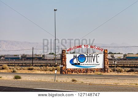 MOJAVE CALIFORNIA - SEPTEMBER 11, 2015: View to the Welcome to Mojave Desert sign on September 11, 2015. Mojave is a town between the desert of Nevada and Los Angeles.