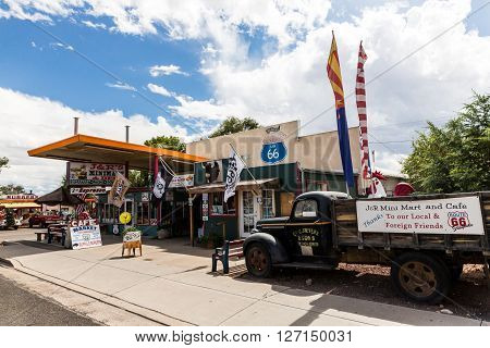 SELIGMAN, ARIZONA - SEPTEMBER 6, 2015: Views of the route 66 decorations in the city of Seligman in Arizona on September 6 2015. Seligman is a small city along the historic route 66 now it is Freeway 40.