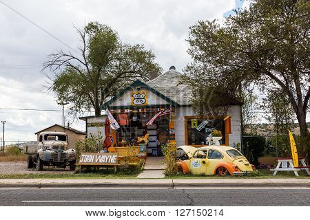 SELIGMAN, ARIZONA - SEPTEMBER 6, 2015: Views of the route 66 decorations in the city of Seligman in Arizona on September 6 2015. Seligman is a small city along the historic route 66 now it is Freeway 40.