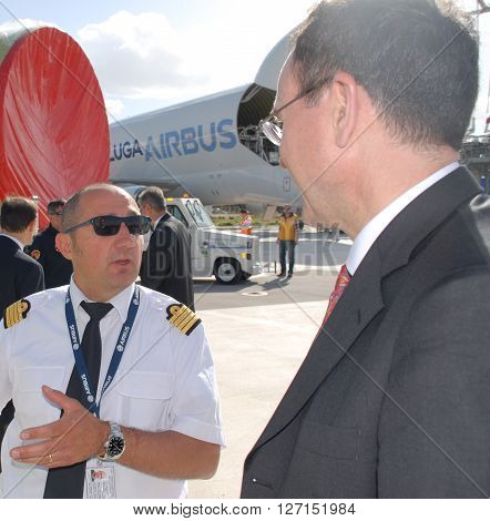 ANKARA/TURKEY- APRIL 29, 2015: Airbus Beluga A300 Transportation Aircraft's pilot (L) at the Turkish Aerospace Industry-TAI's apron for loading. April 29, 2015-Ankara/Turkey