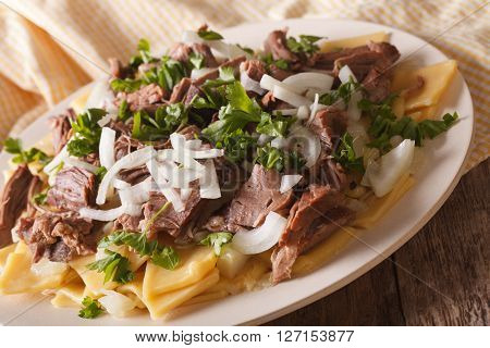 Homemade Noodles With Lamb And Onion Close-up On A Plate. Horizontal