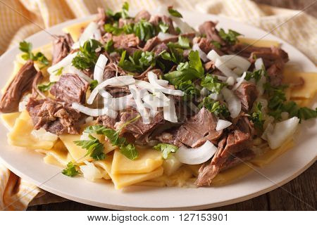 Asian Food: Beshbarmak Close-up On A Plate. Horizontal
