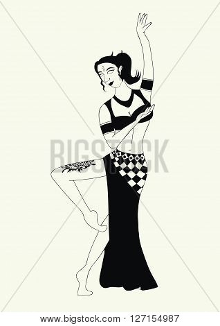 black and white illustration Indian dancer with a tattoo on his leg