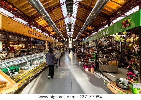 COLMAR FRANCE - NOVEMBER 5, 2015: Inside views of the Market Hall in the old town part of Colmar on November 5, 2015. Colmar is a city in region Alsace in France.