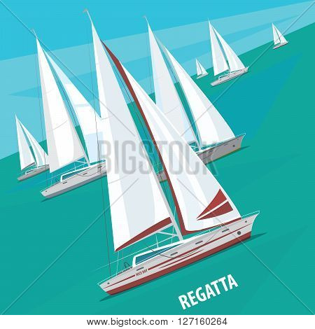 Large number of sailing boats floating right. Side view. Signature Regatta - Race sailing yachts or Parade of ships concept