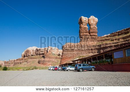 BLUFF UTAH USA - AUGUST 27, 2015: Views of the stone formation called Twin Rocks and the Twin Rocks Cafe in Bluff on August 27, 2015. Bluff is a small Village in southern Utah.