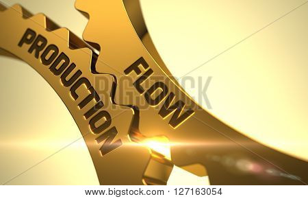 Flow Production on Mechanism of Golden Metallic Cogwheels. Golden Metallic Cogwheels with Flow Production Concept. Flow Production on the Mechanism of Golden Metallic Cogwheels with Glow Effect. 3D.
