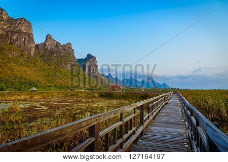 Wooden bridge in Khao Sam Roi Yod National Park Prachupkhirikhan Province Thailand. Selective focus.