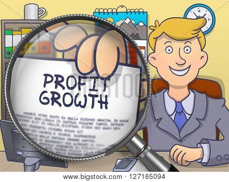 Business Man in Suit Holds Out a Paper with Profit Growth Concept through Magnifier. Closeup View. Colored Modern Line Illustration in Doodle Style.