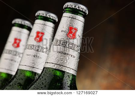 POZNAN POLAND - APRIL 23 2016: Beck's is the world's best selling German beer produced by Beck's Brewery in Bremen Germany and sold in nearly 90 countries.