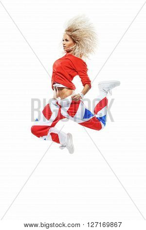 Beautiful girl in a crazy jumpin a red sports hip-hop clothing
