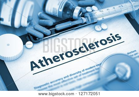 Atherosclerosis - Printed Diagnosis with Blurred Text. Atherosclerosis, Medical Concept with Selective Focus. 3D Render.