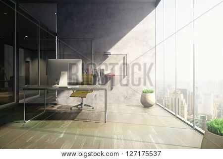 Frontview of sunlit office with workplace wooden floor concrete wall shelves and vases. 3D Rendering