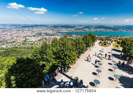 Zurich, Switzerland - August 15, 2015. View to Zurich and the bay area from Mountain Uetliber Switzerland