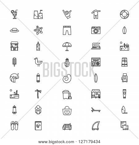 Summer and surfing items icons - surfboard wakesurfing surfskeyt longboard. Thin lines icon style. It can be used as logo pictogram icon infographic element. Vector Illustration.