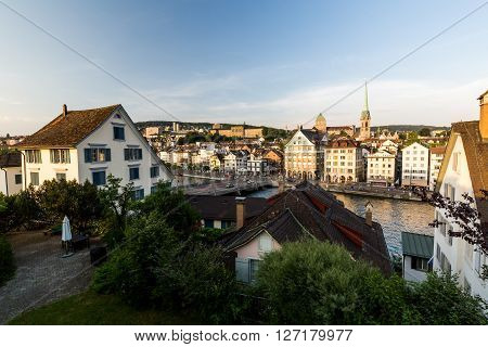 Famous Postcard View Of Various Houses And Churches In The Old Town Part Of Zurich