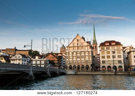 Famous Postcard View Of Various Houses And Churches In The Old Town Part Of Zurich