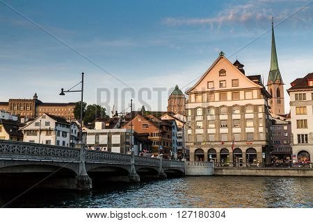 Famous Postcard View Of Various Houses And Churches In The Old Town Part Of Zurich