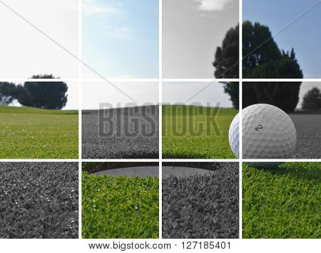 a golf ball near a hole in a grid