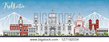 Kolkata Skyline with Gray Landmarks and Blue Sky. Business Travel and Tourism Concept with Historic Buildings. Image for Presentation Banner Placard and Web Site.
