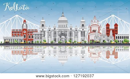 Kolkata Skyline with Gray Landmarks, Blue Sky and Reflections. Business Travel and Tourism Concept with Historic Buildings. Image for Presentation Banner Placard and Web Site.